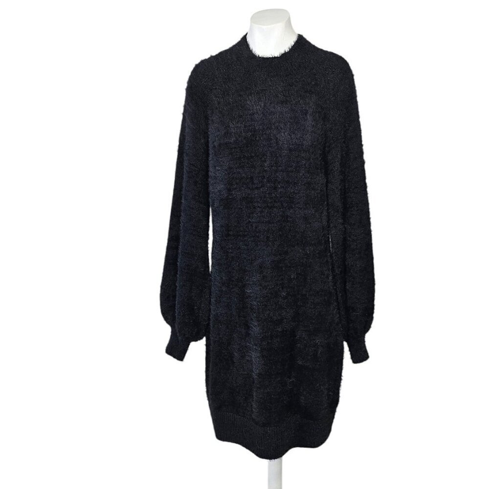 Bardot Fuzzy Black Sweater Dress, Balloon Sleeve, Bodycon, High Neck, Size Large